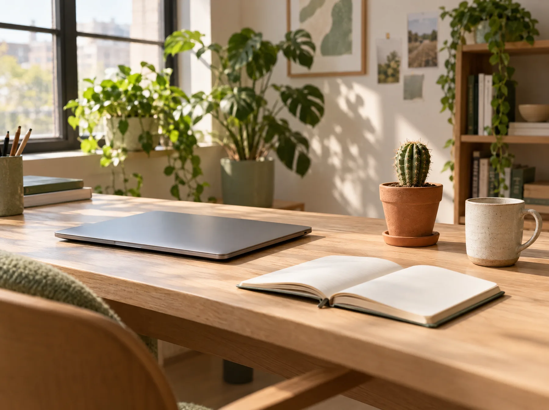 Espace de travail lumineux de l'agence : bureau en bois, carnet, cactus en pot et plantes