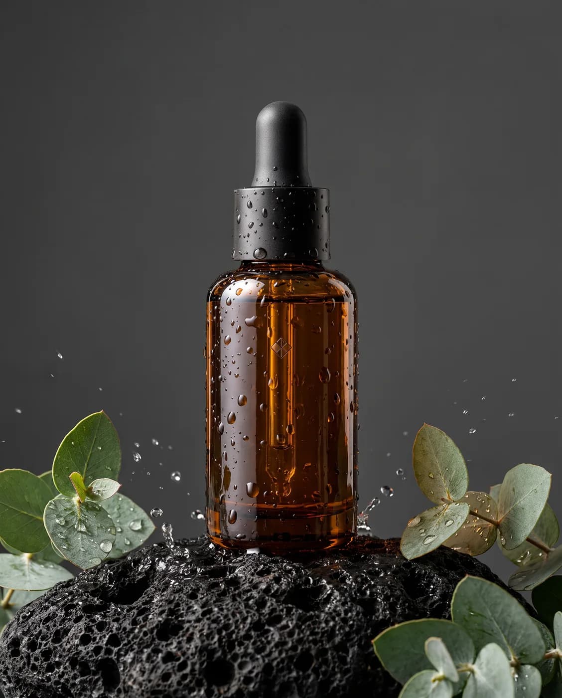 Le flacon de sérum ambré posé sur une pierre volcanique mouillée, feuilles d'eucalyptus et gouttes d'eau en suspension