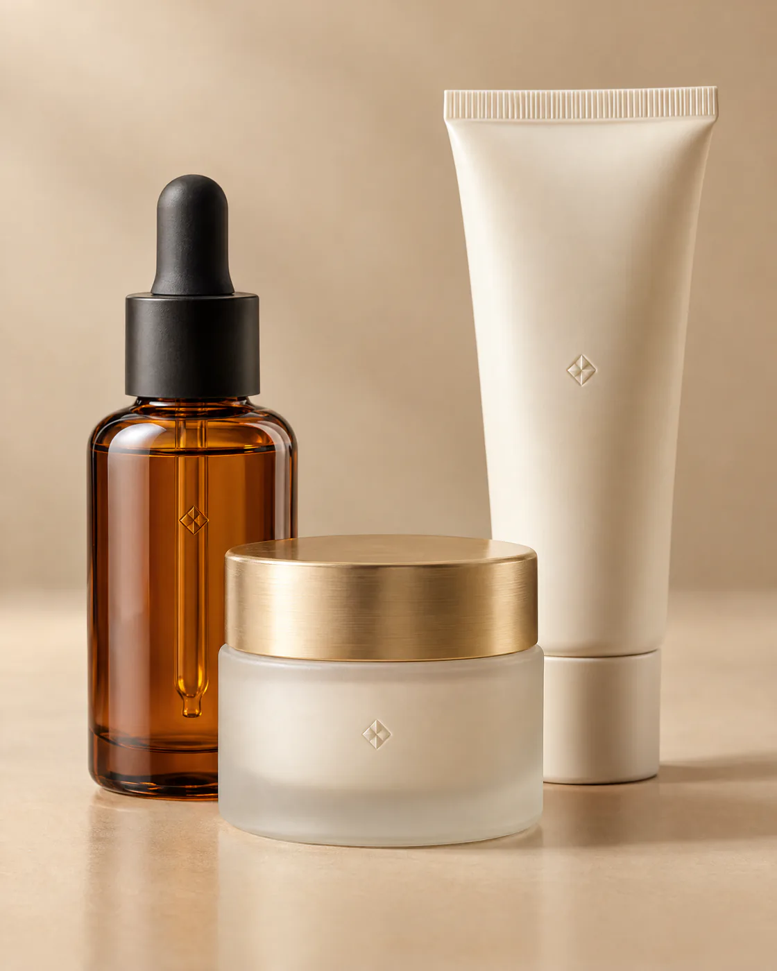 Gamme de soins sans étiquette : flacon compte-gouttes ambré, pot de crème en verre givré et tube ivoire sur fond beige