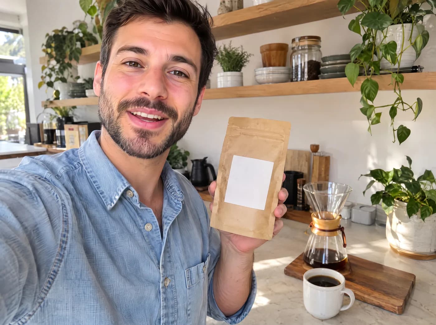 Image de vidéo UGC générée par IA : un homme dans sa cuisine présente un sachet de café en grains face caméra