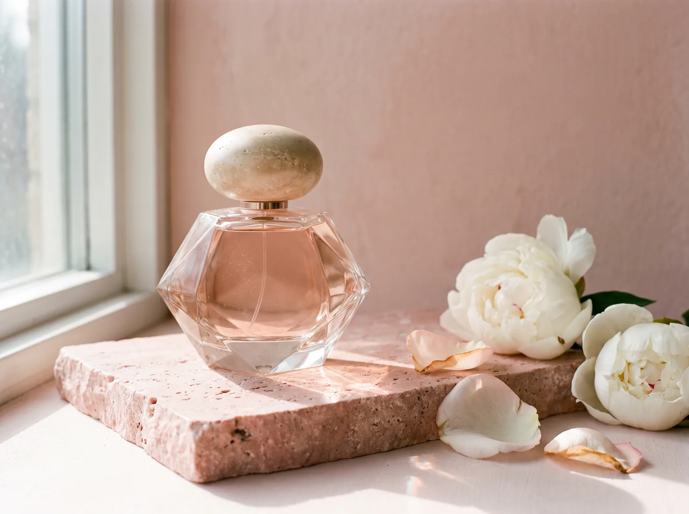 Visuel cosmétique généré par IA : flacon de parfum en verre facetté sur un bloc de travertin rose, près d'une fenêtre, avec des pivoines