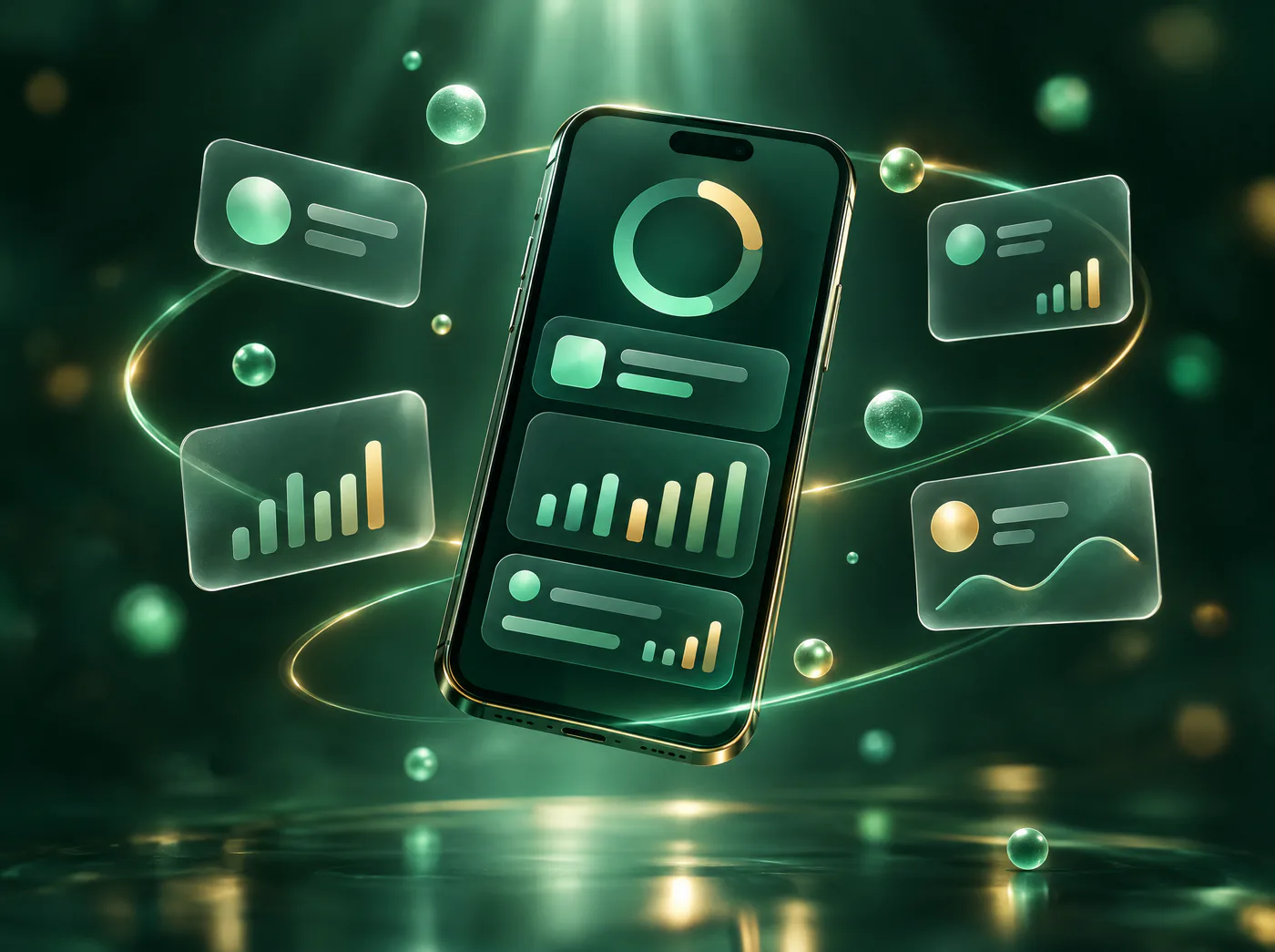 Image de motion design générée par IA : smartphone flottant entouré de cartes d'interface en verre, dans un décor vert émeraude