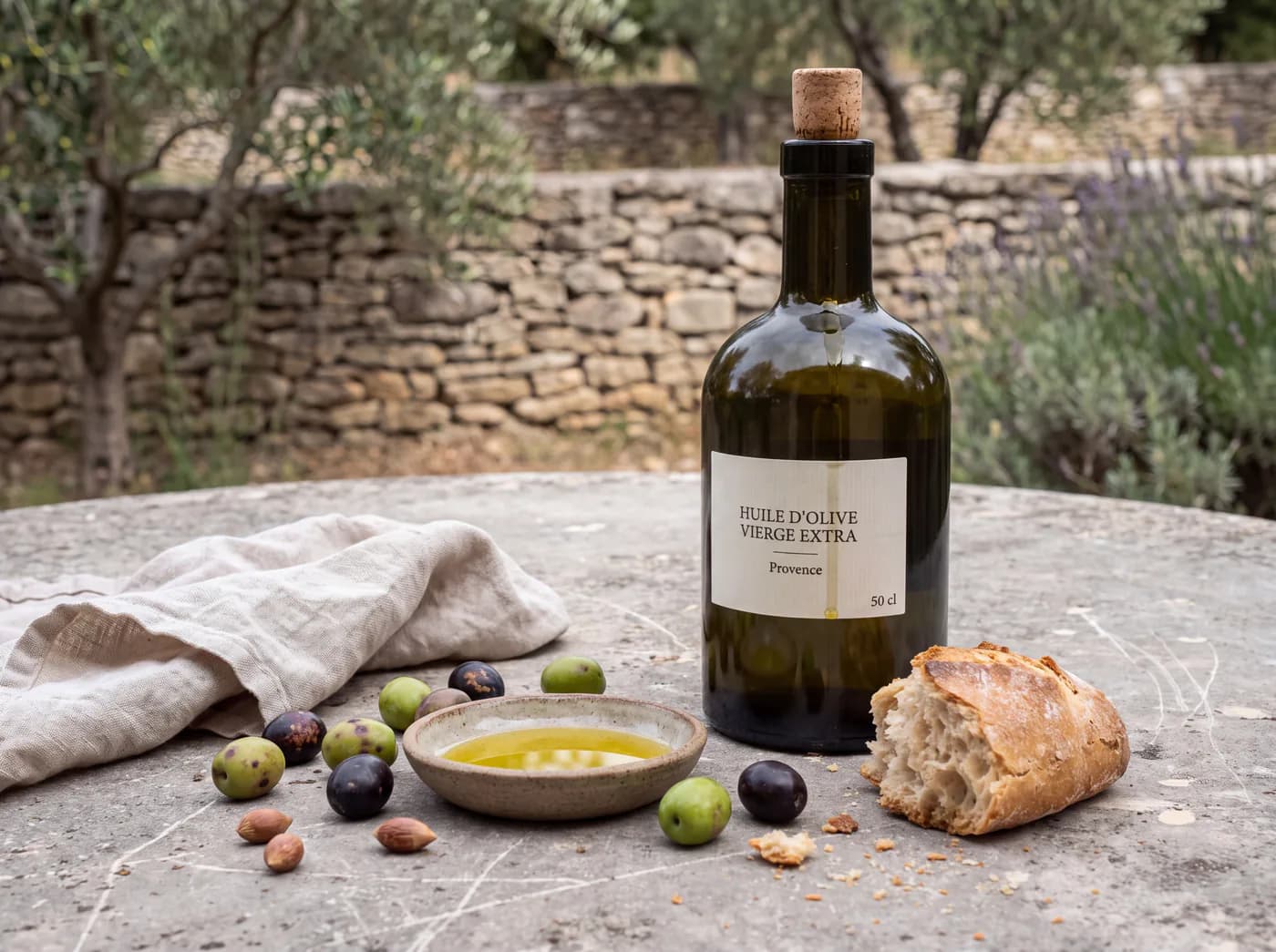 Photo produit générée par IA : bouteille d'huile d'olive vierge extra sur une table en pierre, olives, coupelle d'huile et pain de campagne, devant un mur en pierres sèches et des oliviers