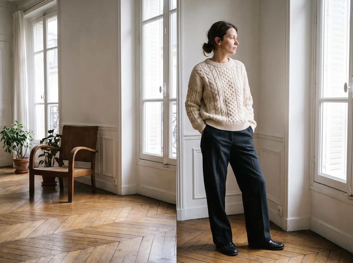 Photo de mode générée par IA : femme en pull torsadé crème et pantalon large anthracite dans un appartement parisien