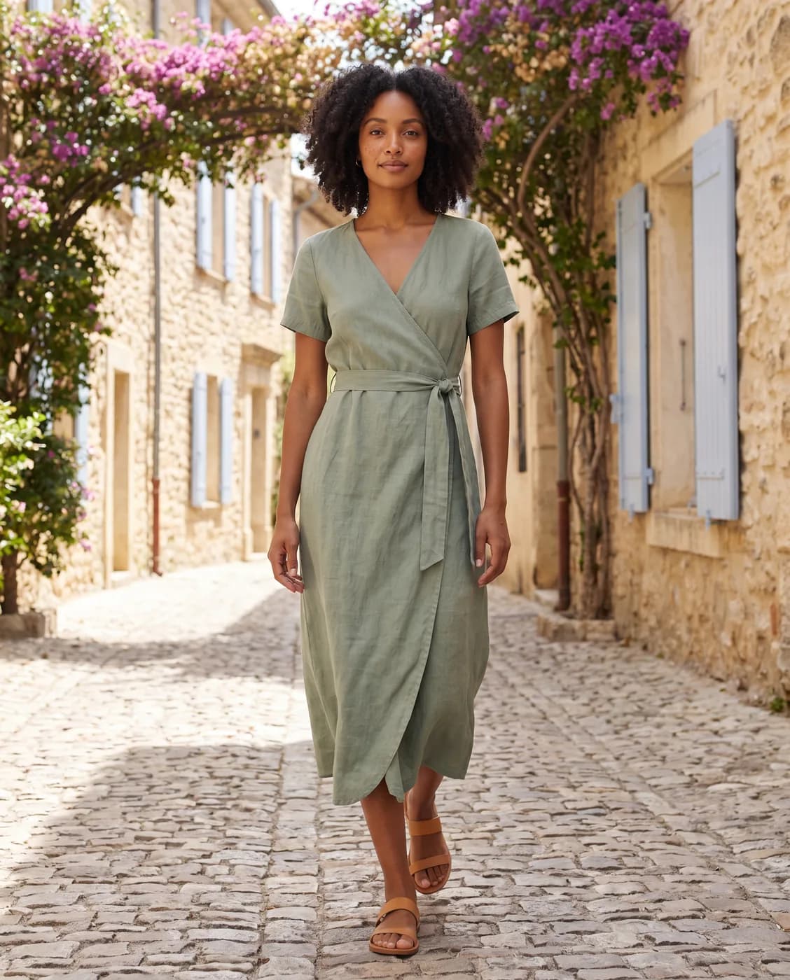 Le même mannequin en robe de lin vert sauge, marchant dans une ruelle de Provence fleurie de bougainvilliers