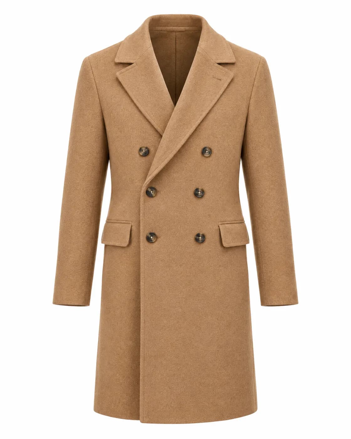 Manteau croisé en laine camel présenté en effet mannequin invisible sur fond blanc