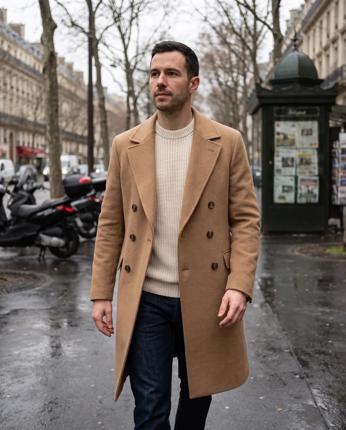Homme portant le même manteau camel ouvert sur un pull crème, marchant dans une rue haussmannienne