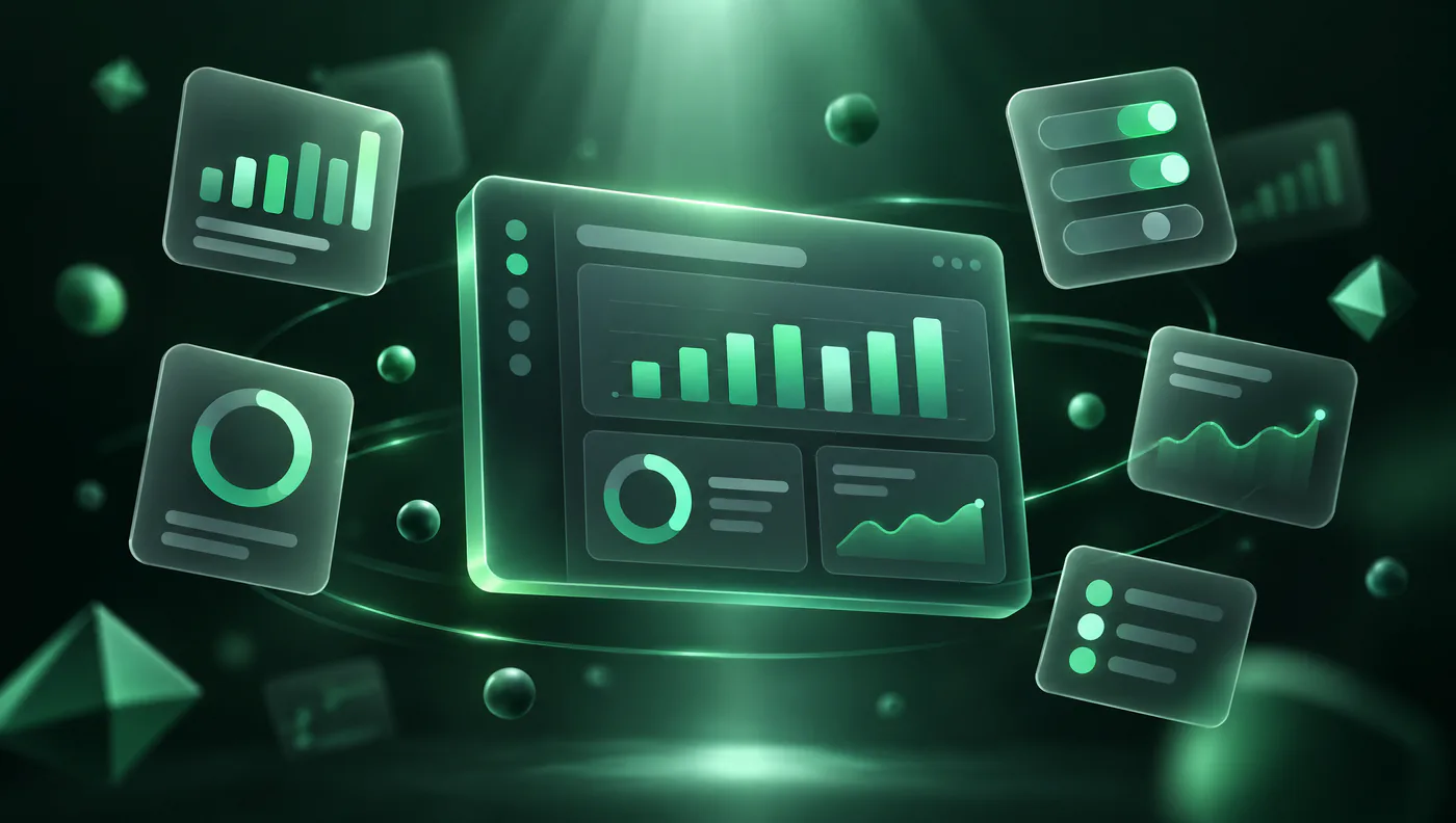Image de motion design : tableau de bord en verre émeraude entouré de cartes d'interface flottantes