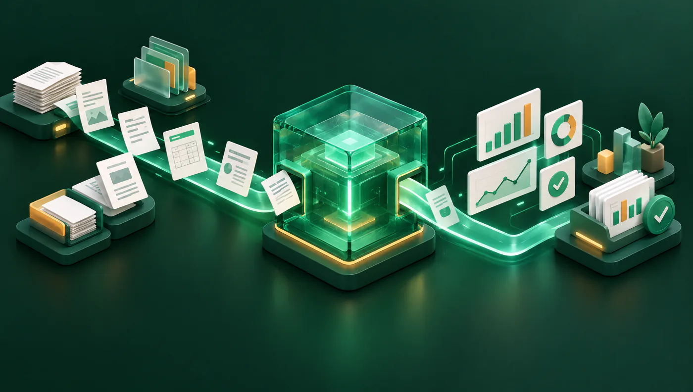 Image de motion design : documents qui passent par un cube de traitement en verre émeraude et ressortent en graphiques