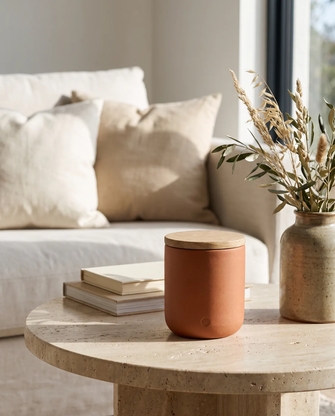 La même bougie terracotta posée sur une table d'appoint en travertin, dans un salon lumineux au soleil du matin