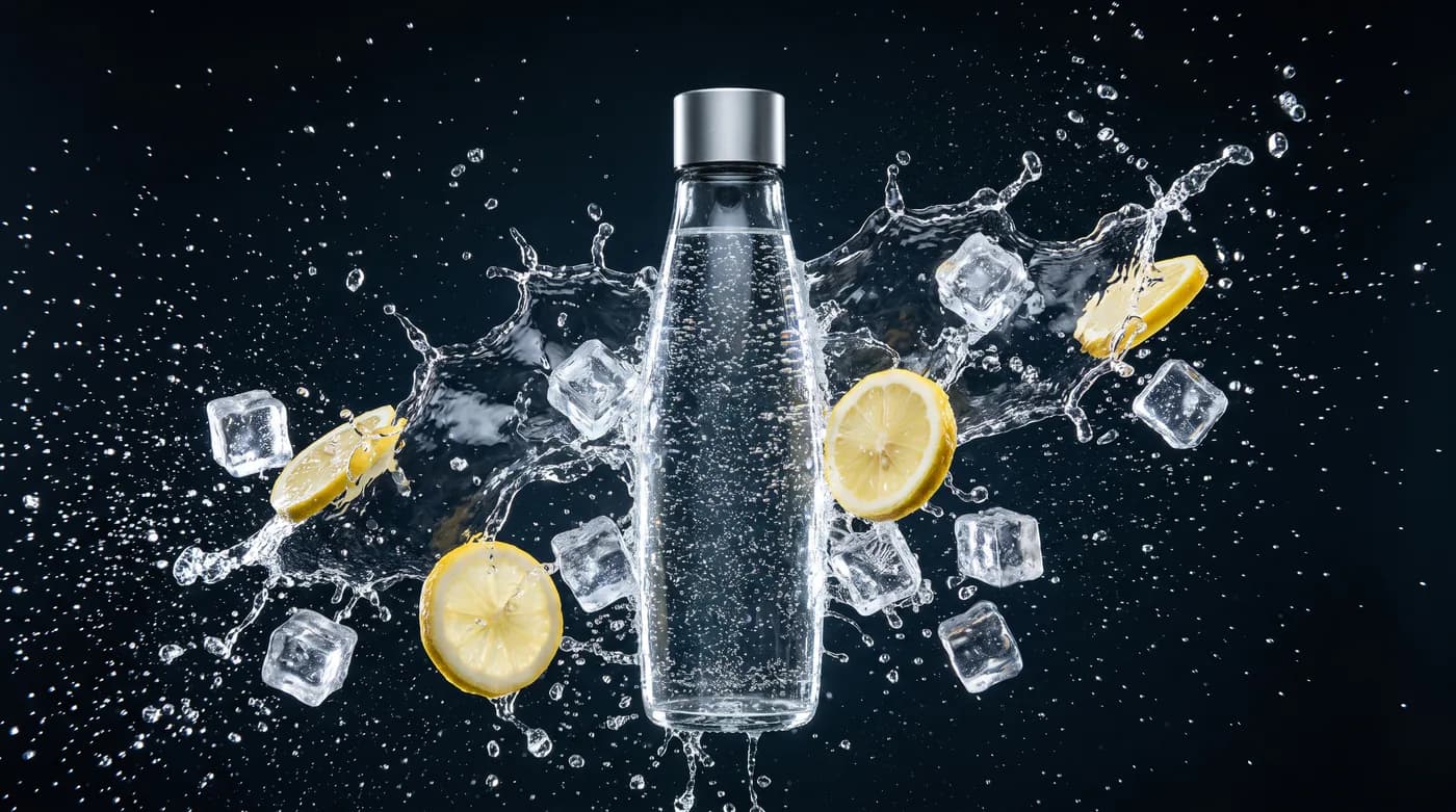 Image clé d'un spot : la même bouteille au cœur d'une éclaboussure d'eau, de glaçons et de citron, fond sombre