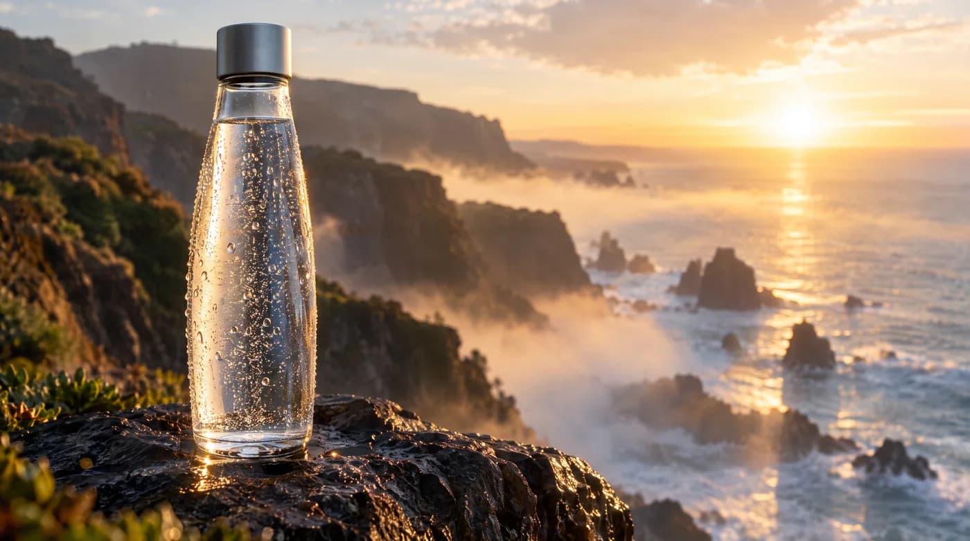 Image clé d'un spot : bouteille d'eau pétillante en verre sur un rocher au-dessus de la mer, au lever du soleil