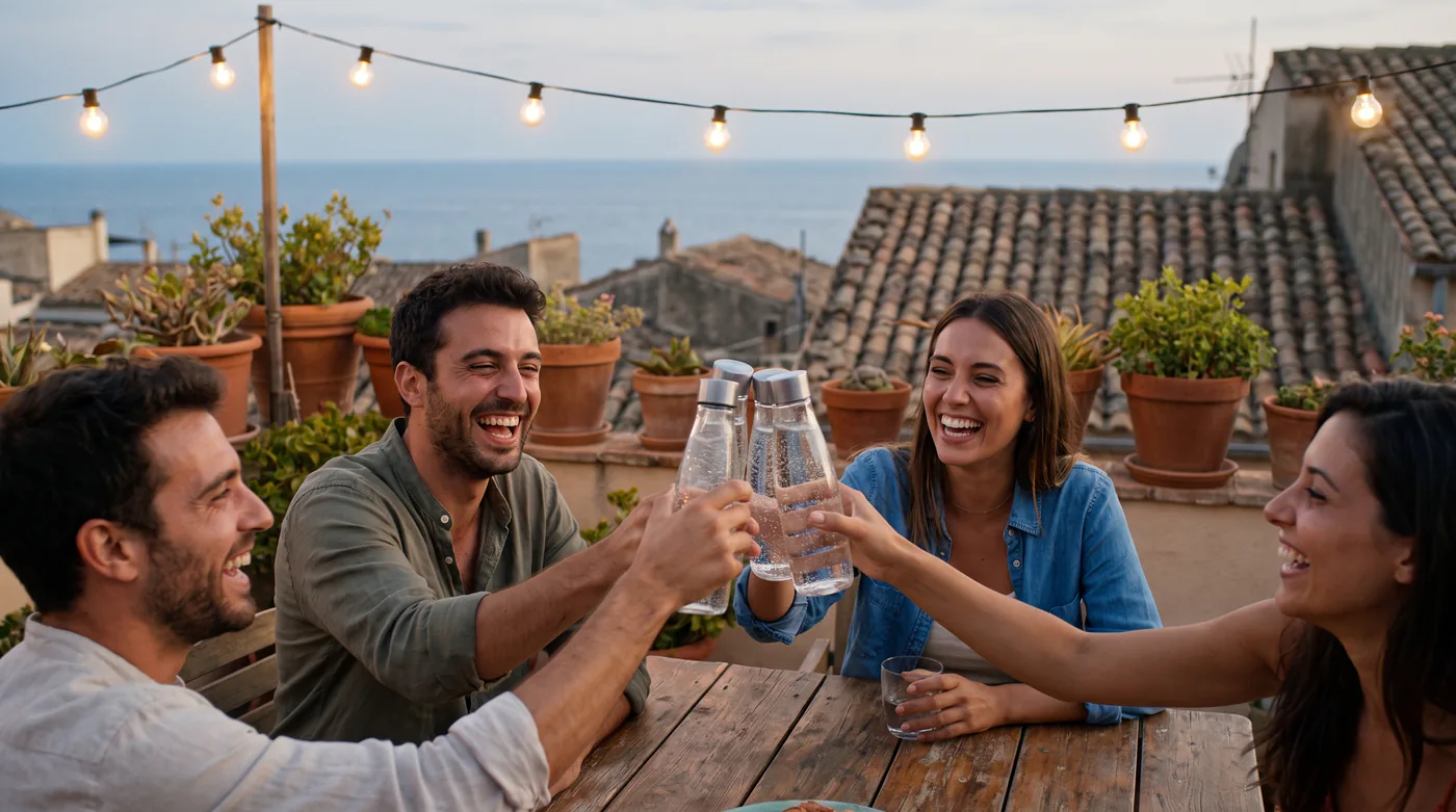 Image clé d'un spot : quatre amis trinquent avec les bouteilles sur une terrasse face à la mer, en fin de journée