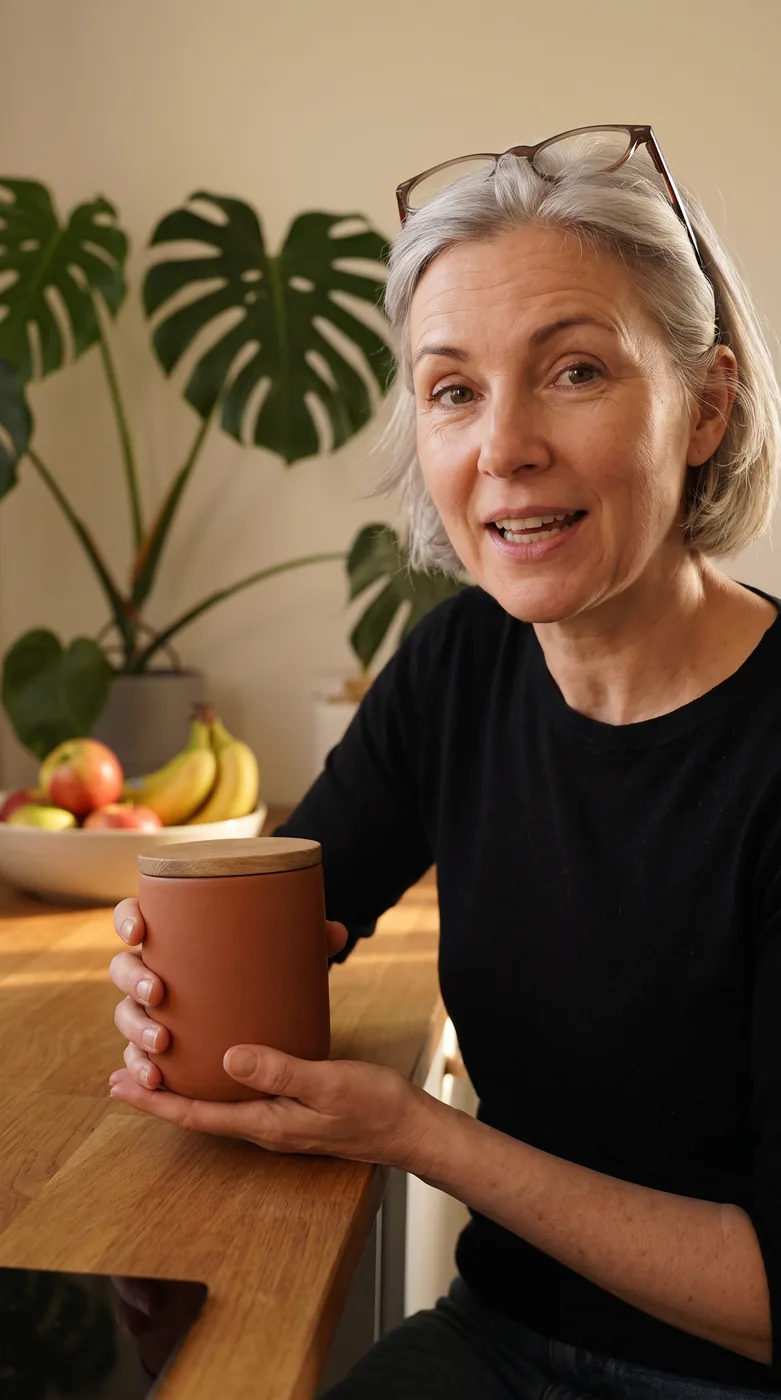Vidéo verticale de style UGC : une femme aux cheveux gris présente la bougie terracotta dans sa cuisine