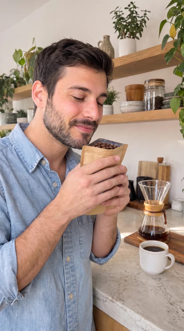 Vidéo verticale de style UGC : le même homme ouvre le sachet de café et sent les grains, les yeux fermés