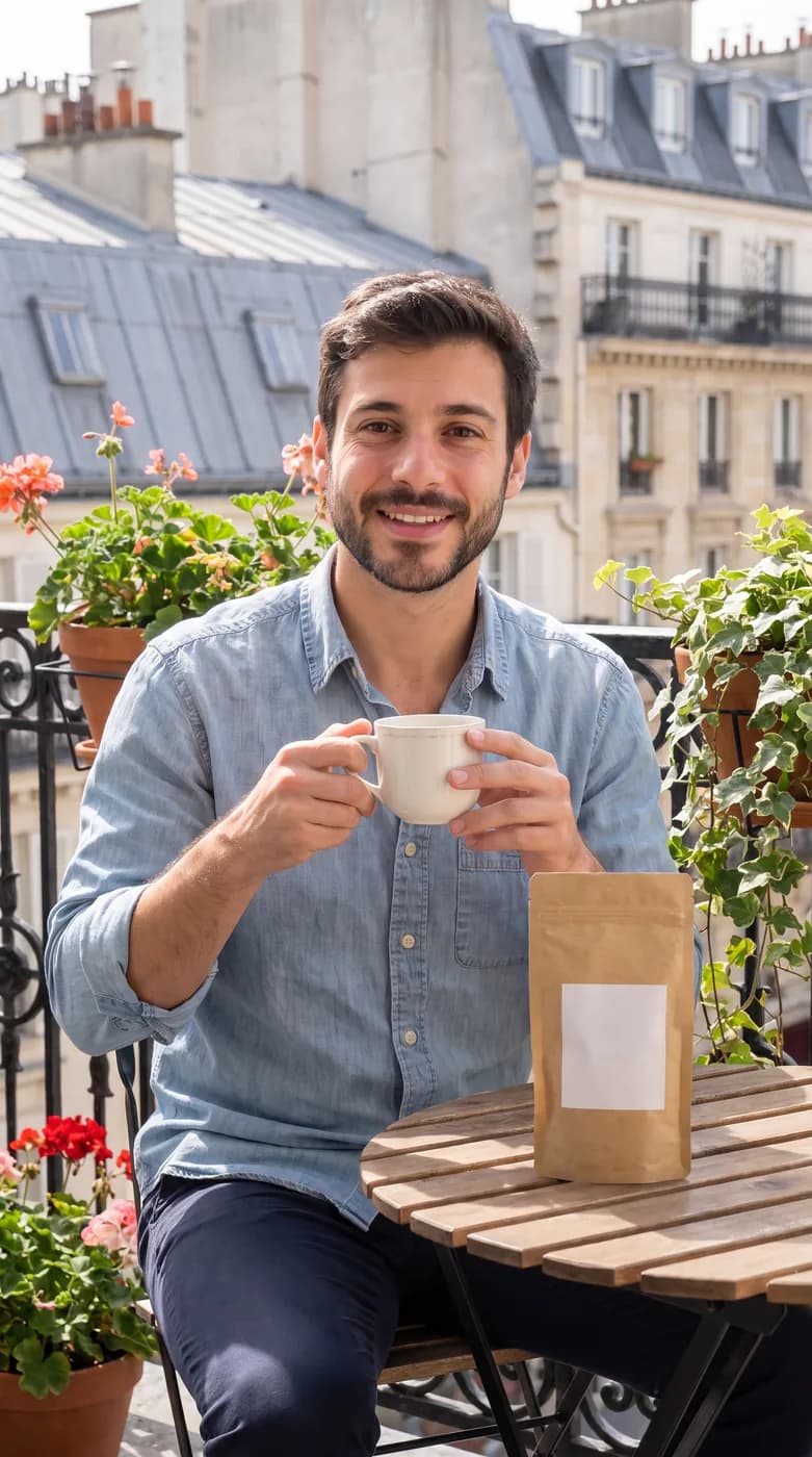 Vidéo verticale de style UGC : le même homme boit son café sur un balcon ensoleillé, le sachet posé sur la table