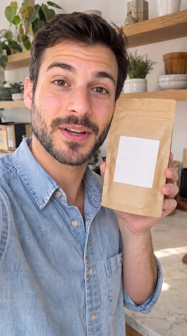 Vidéo verticale de style UGC : un homme tient un sachet de café près de son visage et interpelle la caméra