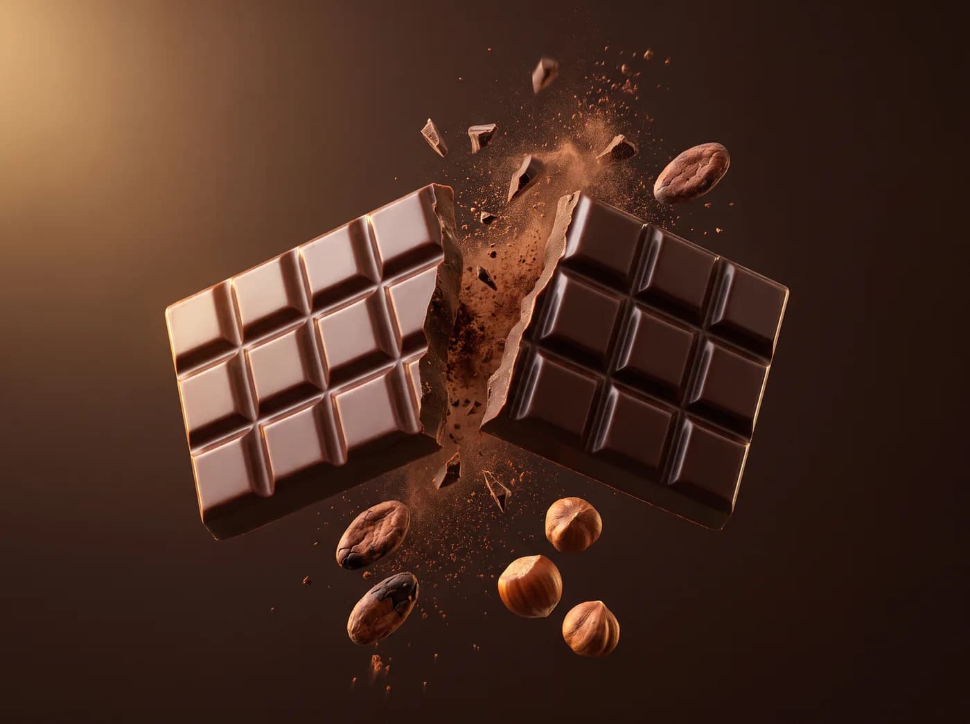 Image clé de spot générée par IA : tablette de chocolat qui se brise en deux, fèves de cacao et noisettes en suspension